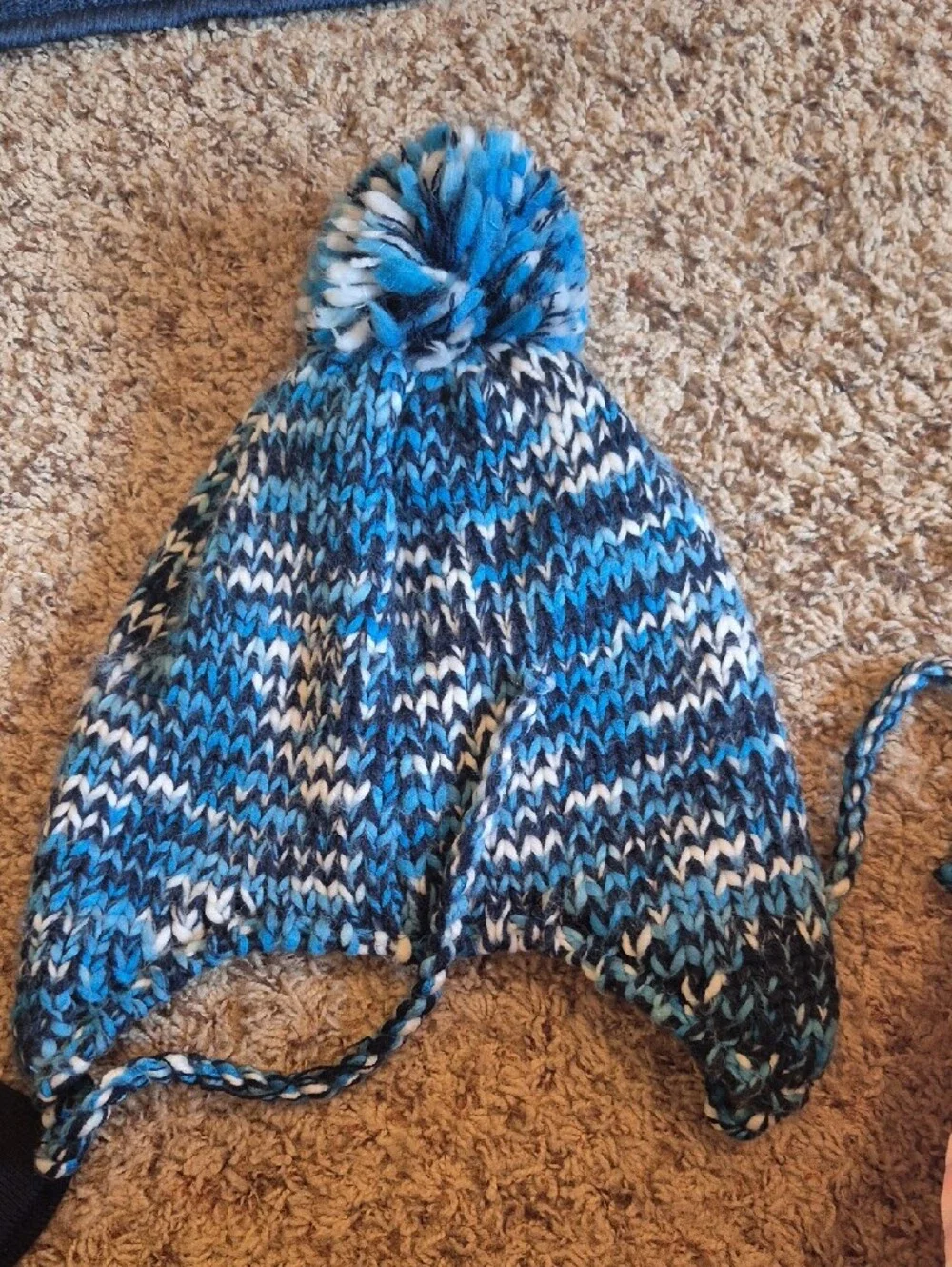 Kids Blue Marled Pom-Pom Earflap Hat